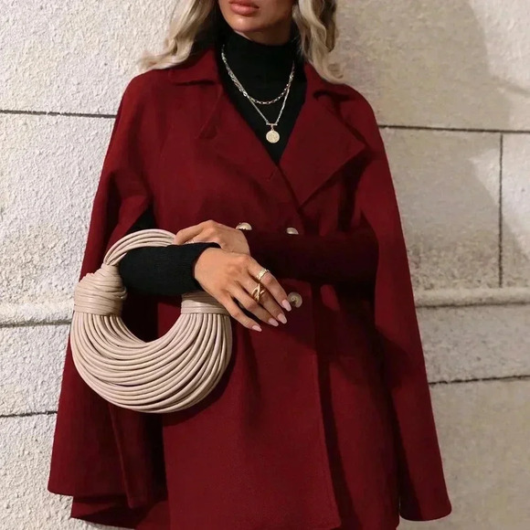 Burgundy Elegant Women's Double Breasted Cape Sleeve Woolen Coat - Picture 6 of 6